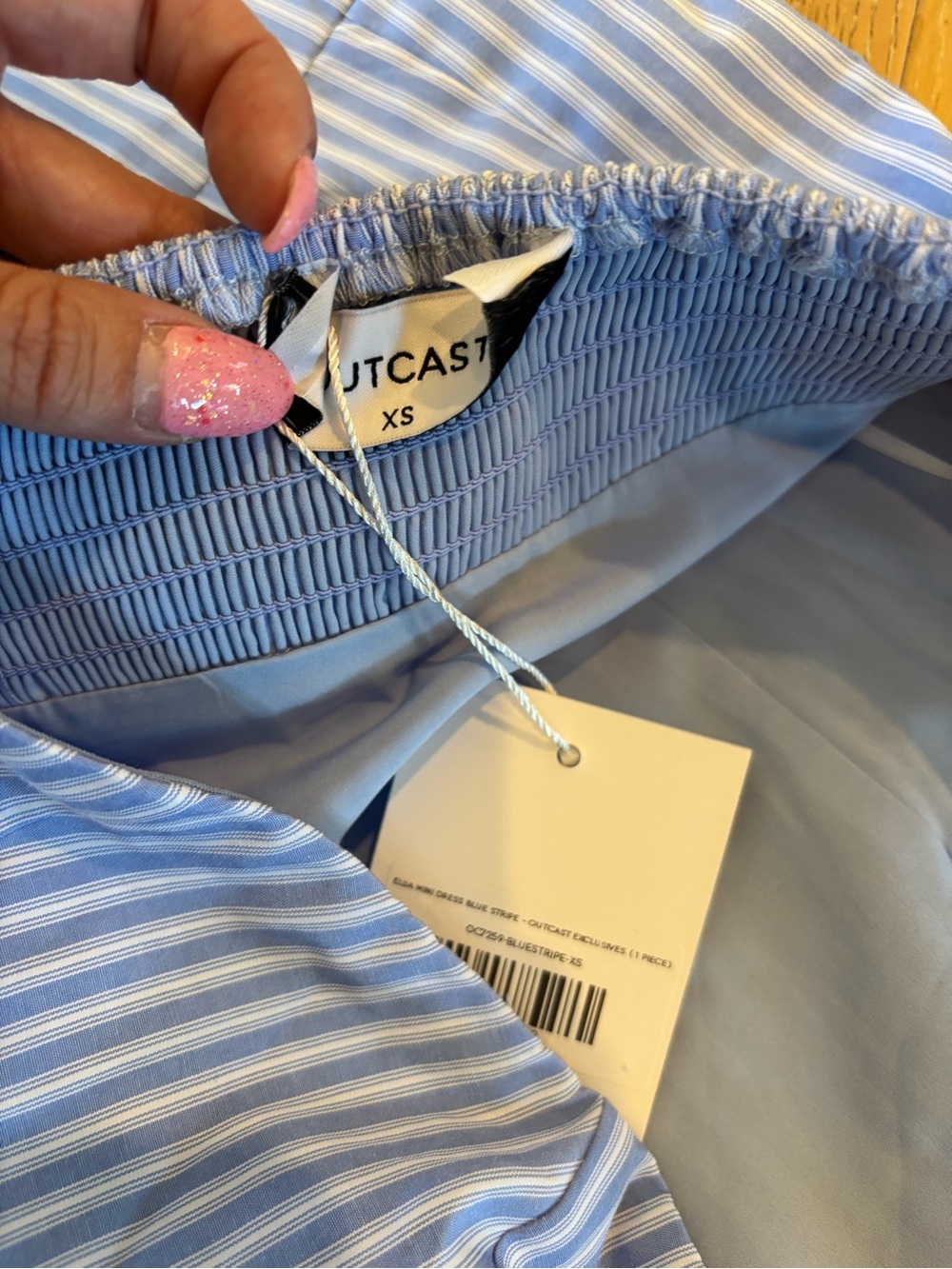 Outcast Elija Mini Dress Blue Stripe XS NWT Strapless Cutout Pleated - Picture 12 of 12